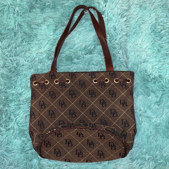 Dooney & Bourke Monogram Tassel Dark Brown Canvas Bucket Bag - Picture 3 of 13